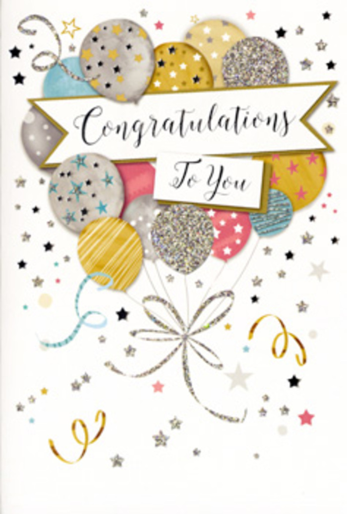 This congratulations card design appears as an elegant visual celebration, the kind you might see proudly displayed on a mantelpiece in a West Wickham home after good news is shared. The focal point is a bouquet-like gathering of balloons, artfully arranged so they seem to float upwards in gentle layers. The balloons are rendered in a harmonious blend of metallic-inspired colours: soft gold, brushed silver, champagne, airy sky blue, tender blush pink, and calm grey. Each one is embellished with a unique pattern-sparkling star shapes, clusters of tiny glitter-style dots, or fine stripes that hint at a subtle sheen, as though lit by soft, diffused daylight. Slender strings sweep down from each balloon in curving strands of gold and silver ink, crossing over each other in relaxed loops that gather into a single, graceful flourish, echoing the way ribbon tails might drape from a hand-tied bouquet. Surrounding the balloons, the background is scattered with petite stars, curly ribbons, and small confetti marks that dance lightly across a pale, uncluttered canvas, creating a feeling of airy festivity. Through the middle of the cluster, an elegant banner stretches out, bearing the words Congratulations To You in refined, decorative script that balances sophistication with warmth. The card looks and feels-at least in imagination-like quality cardstock with delicate metallic accents, the sort of design you'd choose carefully to accompany roses, lilies, or seasonal flowers. The overall impression is one of polished celebration, ideal for marking exams, promotions, new jobs, or personal milestones for friends, family, or colleagues in West Wickham who deserve a moment of sparkle and heartfelt recognition.