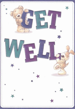 This get well card, imbued with heartfelt optimism, channels the caring spirit often found among West Wickham's leafy avenues. Centre stage are two childhood companions: a cuddly teddy gently grasping the arching 'GET' above, and a sweet, floppy-eared puppy nestled below, their friendly shapes radiating affection and encouragement. The bold typography, expressly rendered in luxurious purples and vibrant teals, brings a fresh burst of colour reminiscent of springtime blooms at local parks. Stars in playful blues and lavenders are scattered with a flourish, mirroring the sparkle of hope passed between neighbours in West Wickham. The crisp cream background, as bright and soothing as mid-morning light streaming through a window on Wickham Court Road, creates visual clarity and peace. The lovingly illustrated textures-the bear's fluffy coat, the puppy's velvet-soft ears-recall the tactile delight of new petals from a Flowers West Wickham arrangement. Each detail reassures and consoles, just as a thoughtfully delivered bouquet might brighten a day for families throughout West Wickham and the surrounding area.