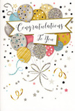 The scene on this congratulations card is captured with the same sense of care you might expect from a florist preparing a celebratory arrangement for delivery across West Wickham. At the heart of the design is a cheerful cluster of illustrated balloons, grouped closely together so they form a rich, rounded display. Shimmering tones of gold, silver, champagne, sky blue, rosy pink, and gentle grey blend beautifully, each balloon decorated with its own fine details-tiny star patterns, scattered glitter-like flecks, and slender stripes that suggest a subdued metallic shine. The balloons appear softly lit, almost glowing against the light background, like party balloons catching natural daylight streaming into a West Wickham living room. Their curling strings trail downward in graceful lines of gold and silver, overlapping and intertwining before gathering in an easy, elegant knot that feels both playful and composed. Around them, a sprinkling of little stars, swirling ribbon shapes, and confetti dots drifts across the pale backdrop, creating a sense of joyful motion without crowding the scene. Through the centre, a banner unfurls with the words Congratulations To You written in flowing, hand-lettered style script that feels personal and sincere, as if added with special care. You can almost imagine the slight texture of premium cardstock and raised metallic print beneath your fingertips, the card ready to nestle beside a bouquet of fresh flowers. The mood is radiant but tasteful, perfectly suited to celebrating new beginnings, exam successes, career milestones, or any proud moment in West Wickham where you want your message of congratulations to feel heartfelt, elegant, and memorable.